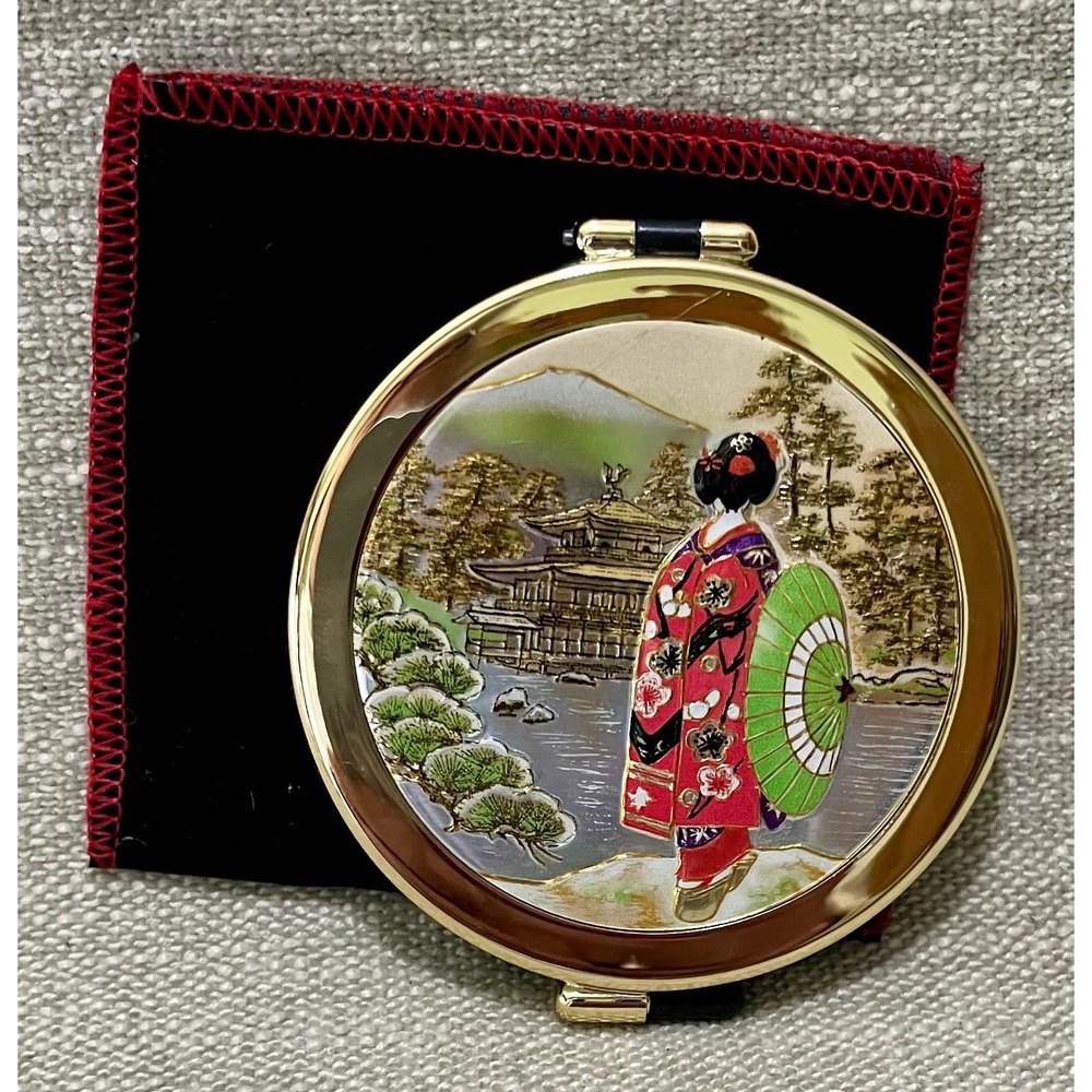 Vintage Japanese Geisha Kimono Folding Pocket Compact Mirror Gold Tone Pouch